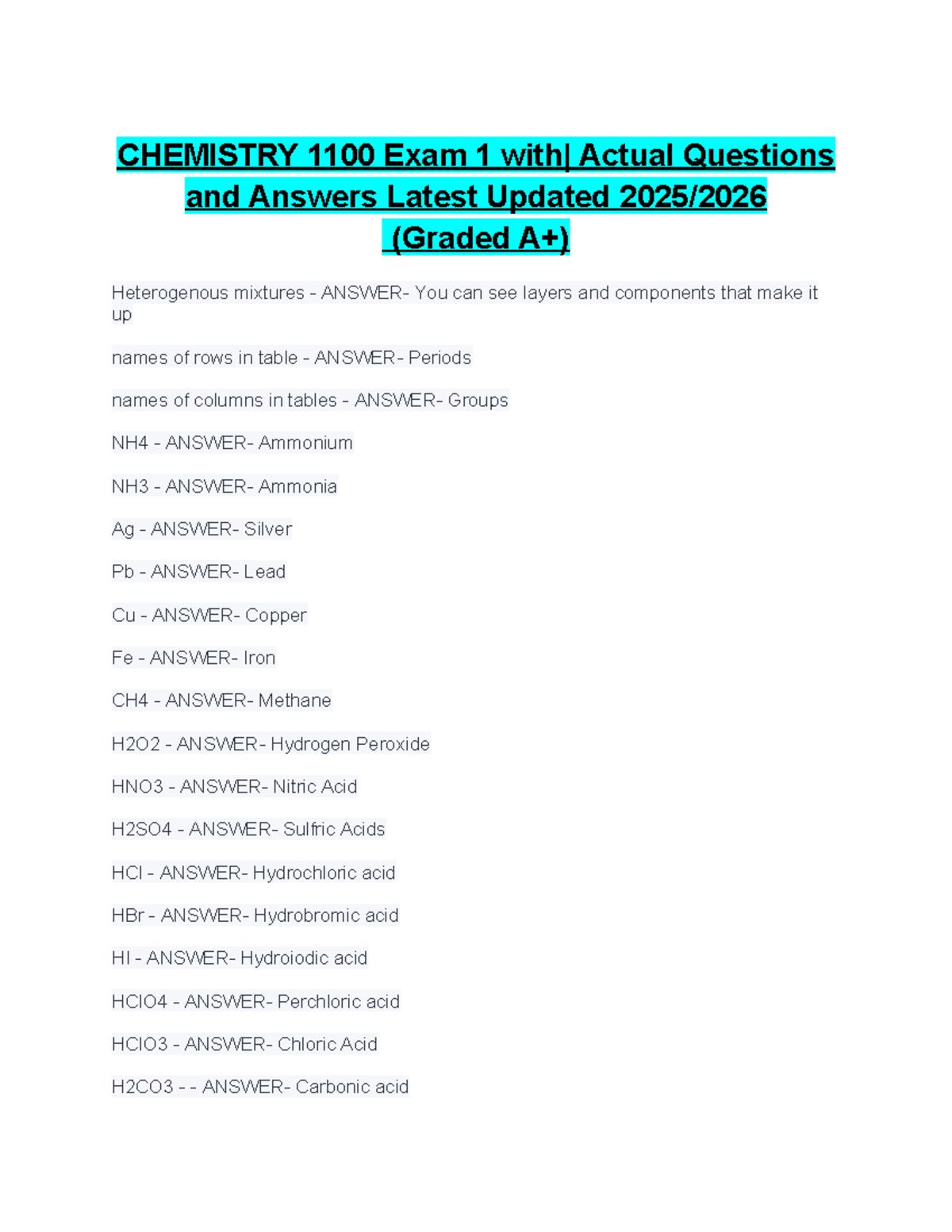 Chemistry 1100 Exam 1 Questions & Detailed Answers Guide - Studocu