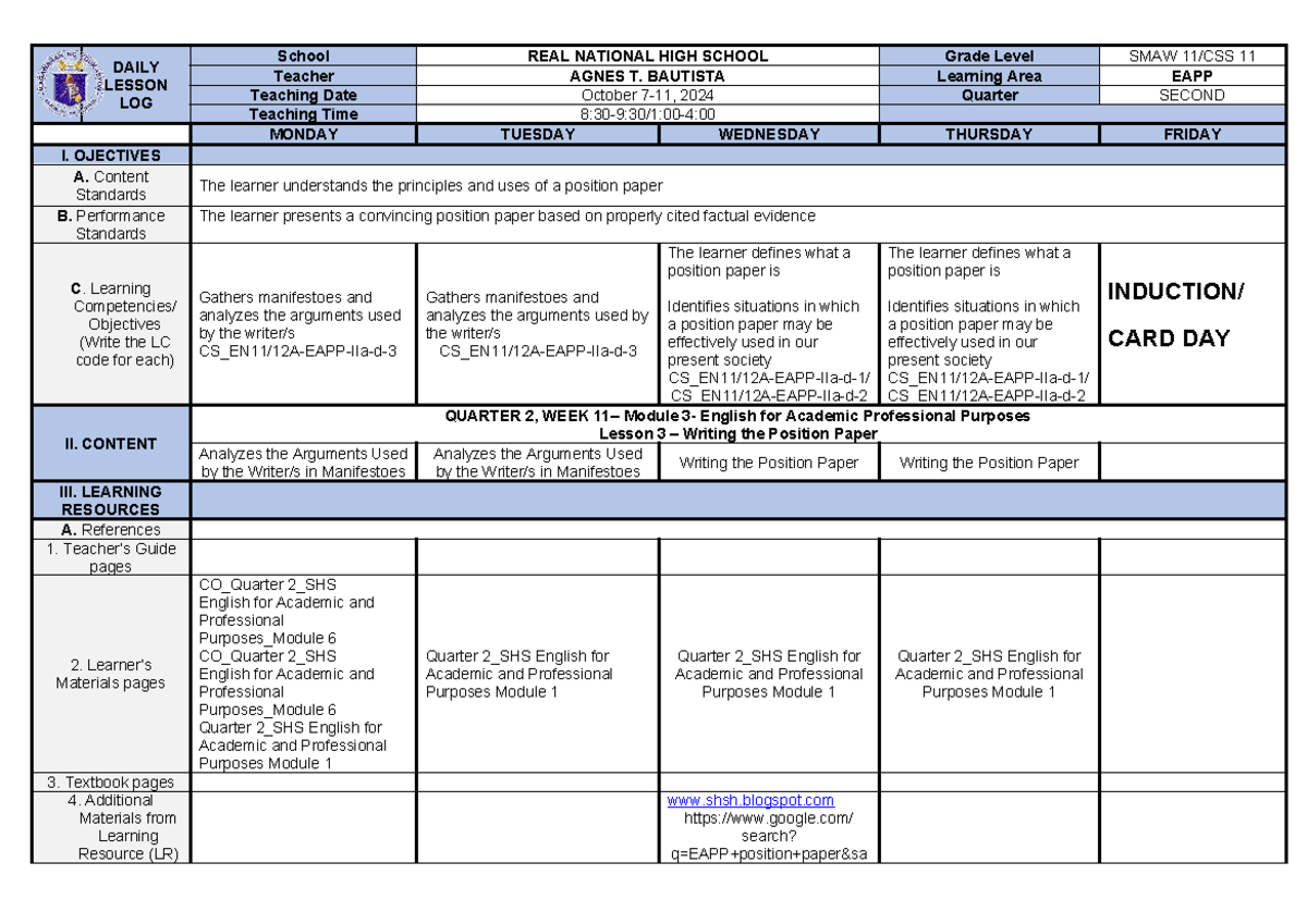EAPP DLL Q2 W1 - Daily Lesson Log on Position Papers & Arguments - Studocu