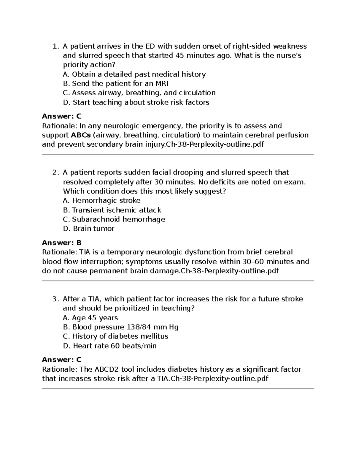 Ch 38 Practice Questions: Neurologic Emergencies & Stroke Management ...