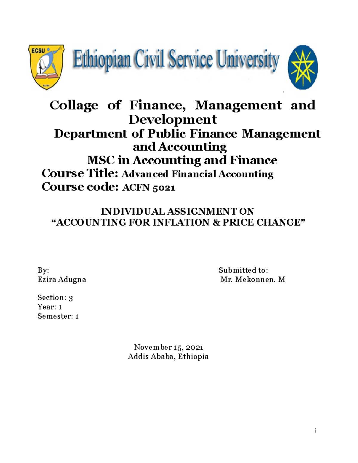 Ezra Advanced Financial Accounting Assignment - Collage of Finance ...