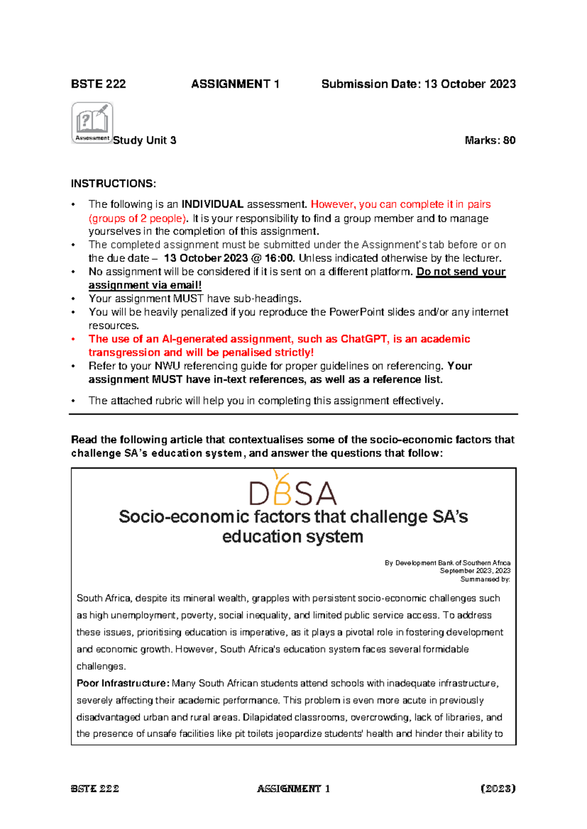 BSTE 222 Assignment 1: Socio-Economic Challenges in SA Education - Studocu