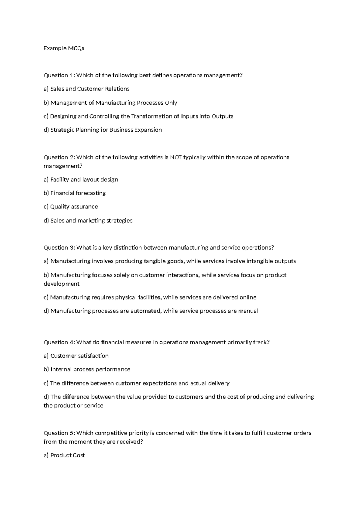 MCQ on Operations Management (OM) - Key Concepts and Definitions - Studocu