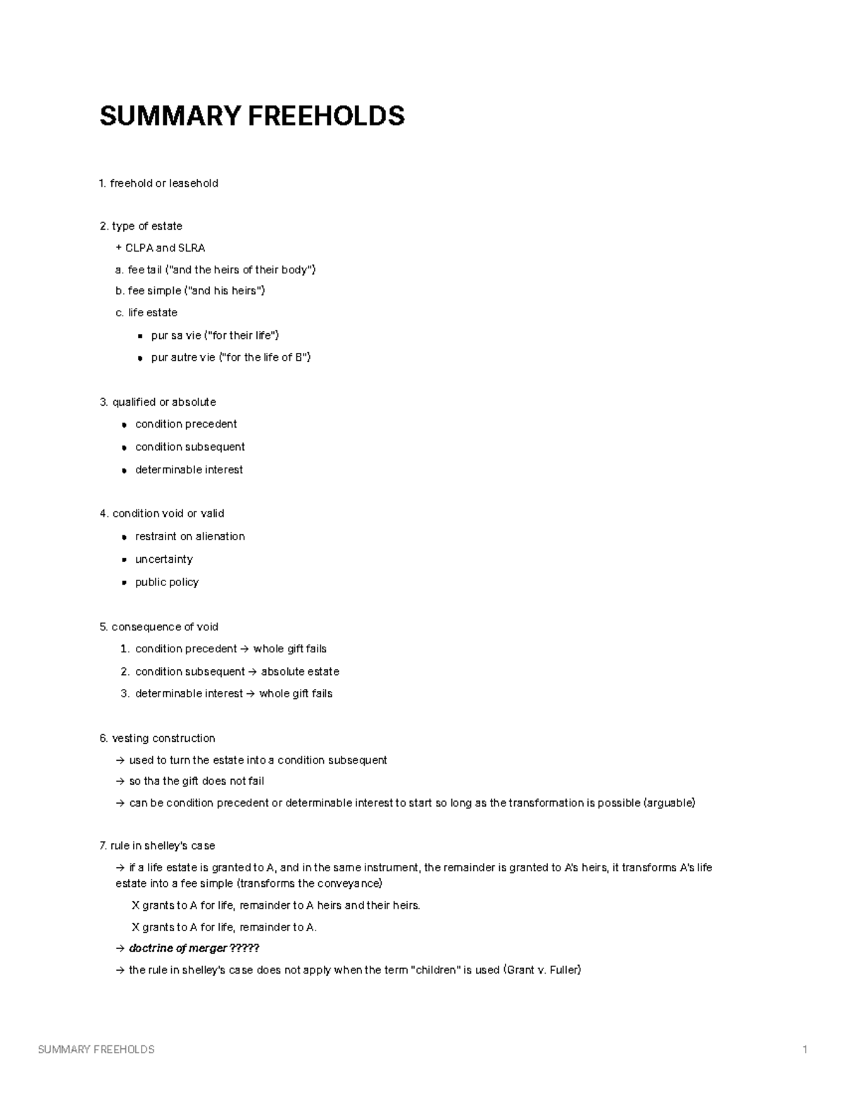 Summary of Freehold Estates (Checklist) - SUMMARY FREEHOLDS freehold or ...