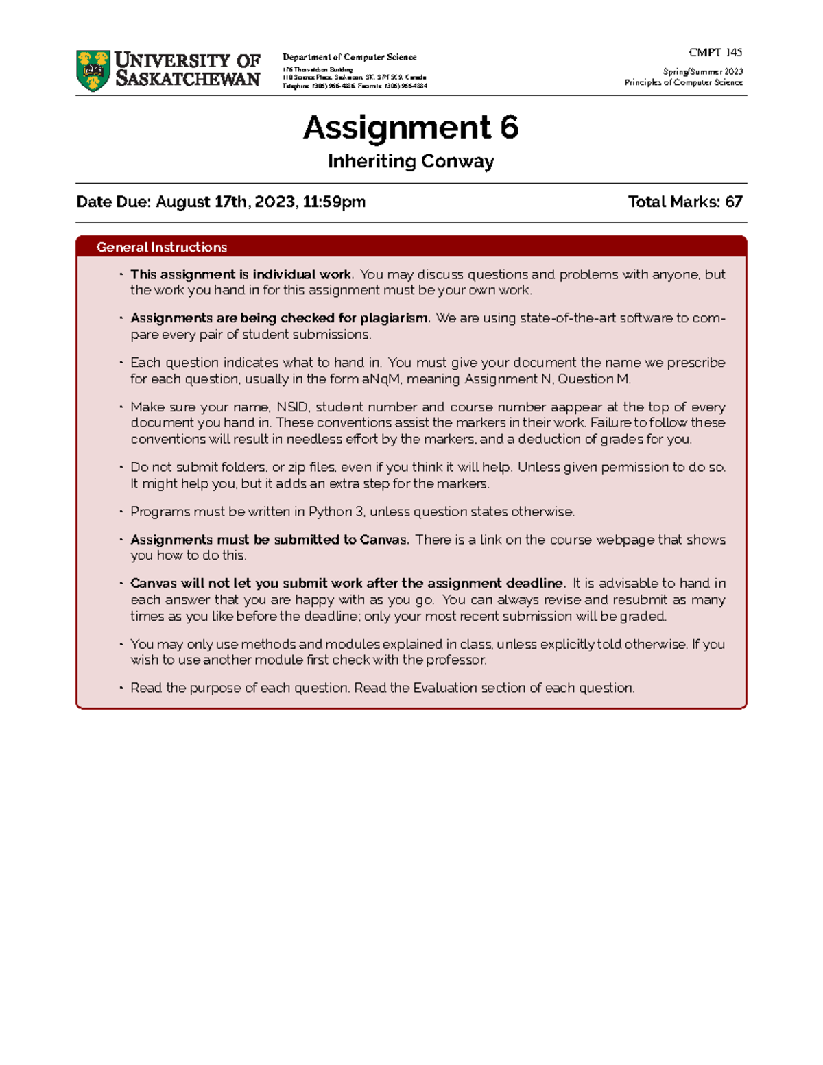 Principles of Computer Science - Assignment 6: Inheriting Conway - Studocu