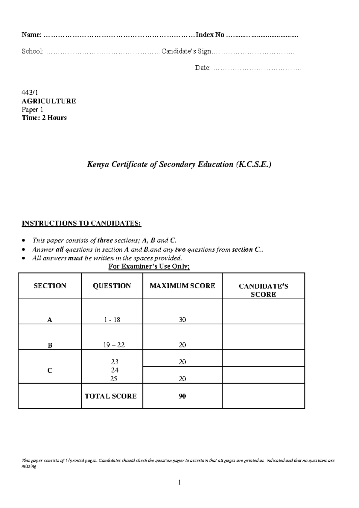 KCSE Agriculture Paper 1 - Form 4 Exam Guide - Studocu
