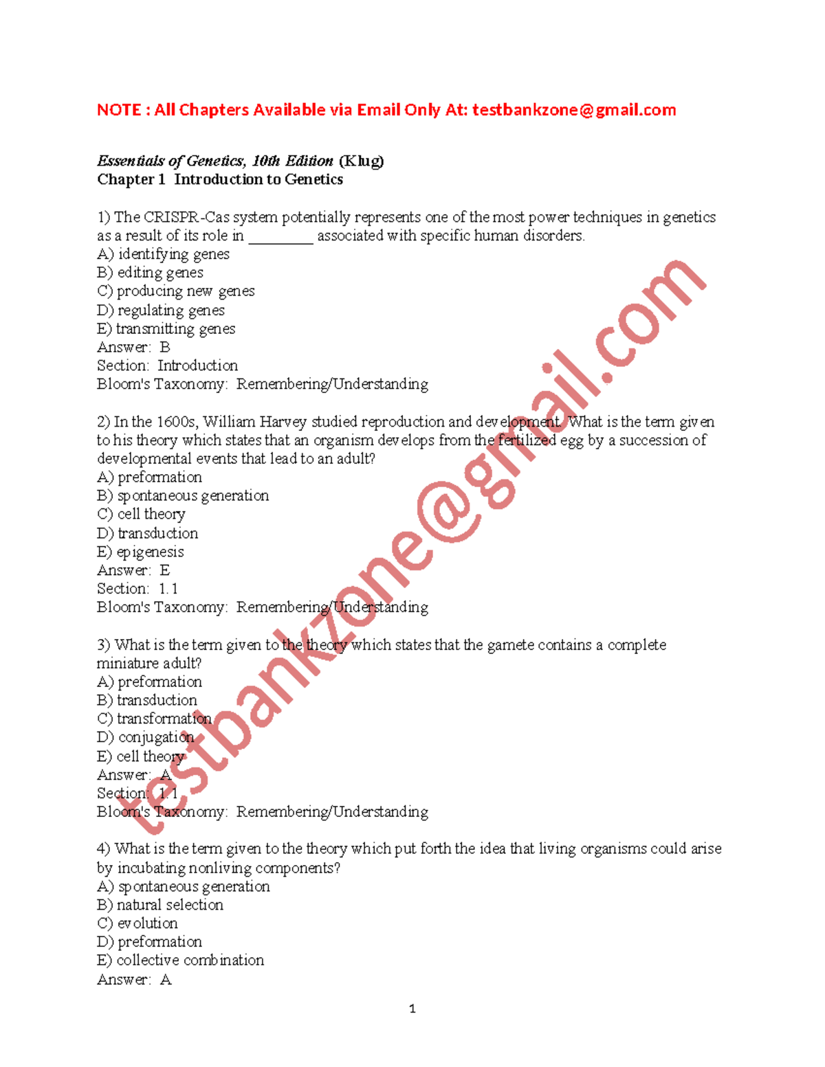 Test Bank for Essentials of Genetics (10th Ed.) by Klug & Cummings ...