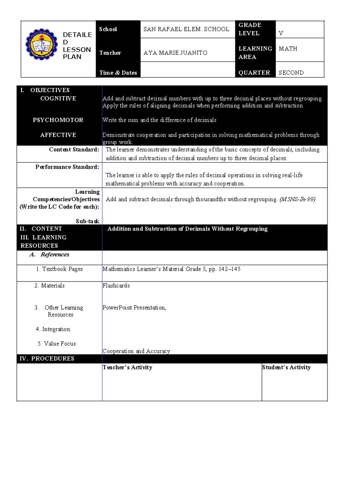 DLP MATH: Detailed Lesson Plan for Decimal Operations - Studocu