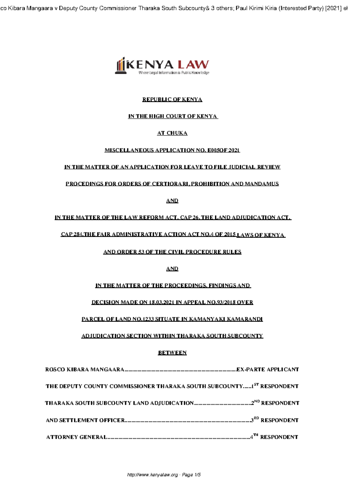 Miscellaneous Application E005 of 2021 - REPUBLIC OF KENYA IN THE HIGH ...