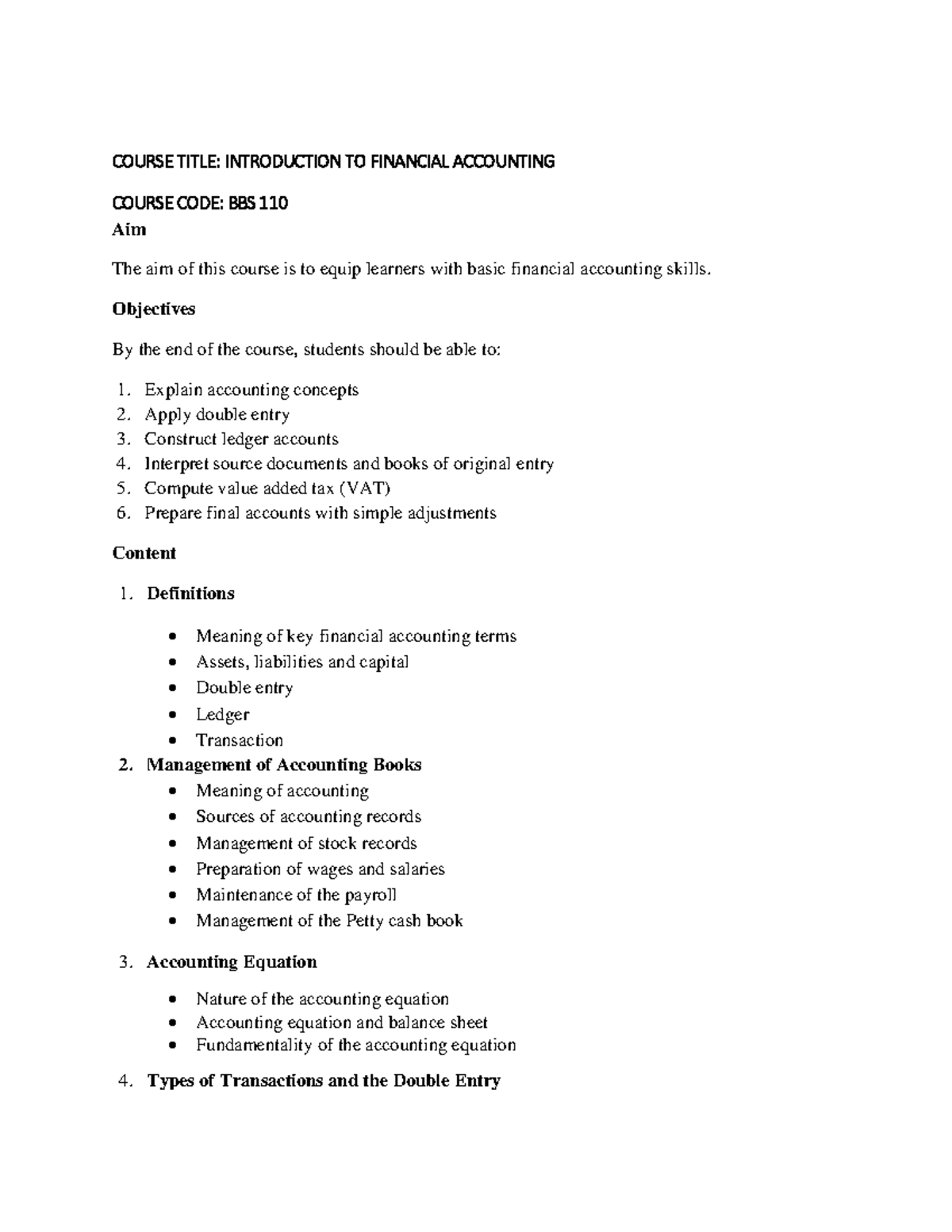 BBS 110 Introduction to Financial Accounting Course Outline - Studocu
