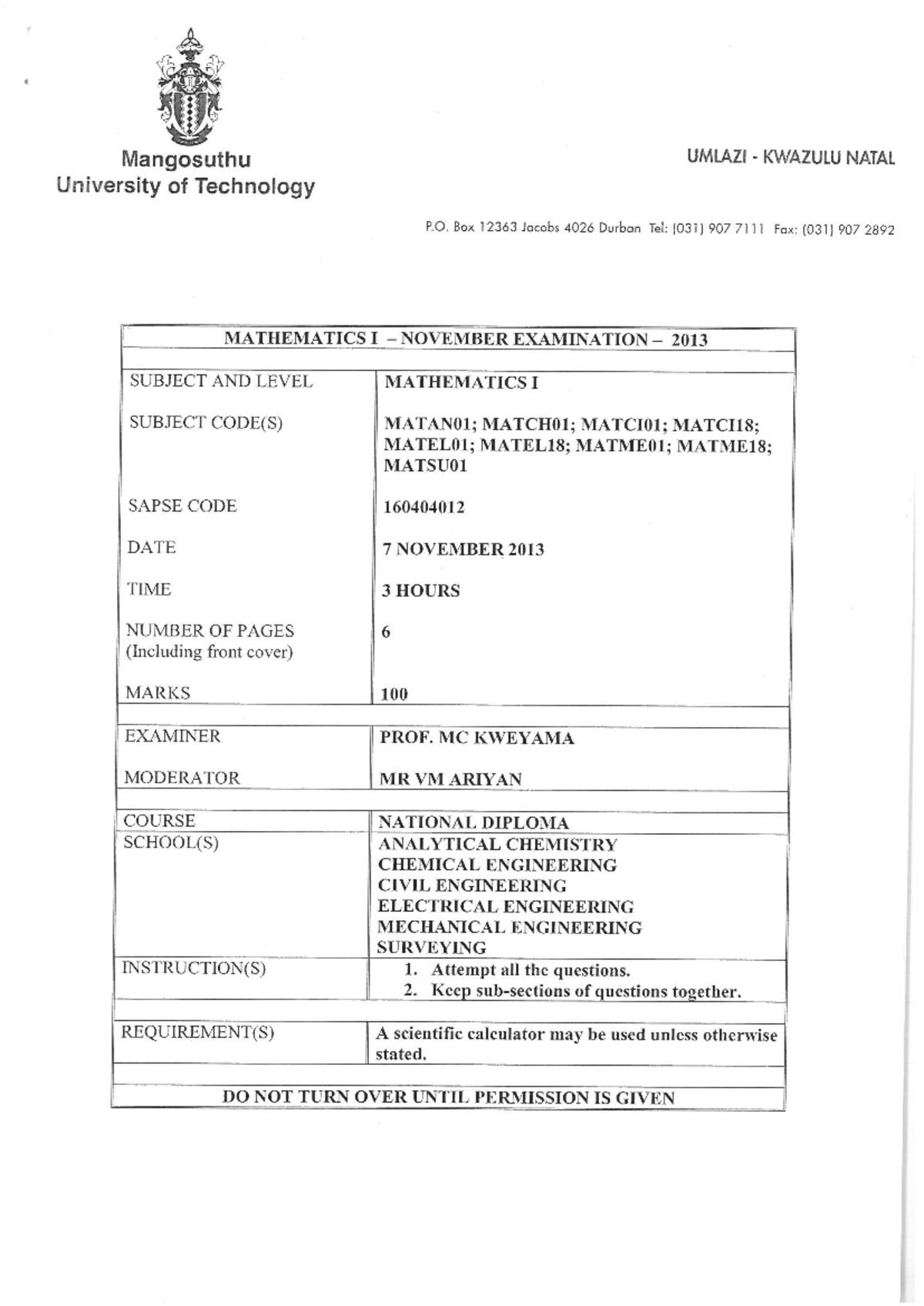 MATSU01 Mathematics I November Exam 2013 - Full Preparation Notes - Studocu
