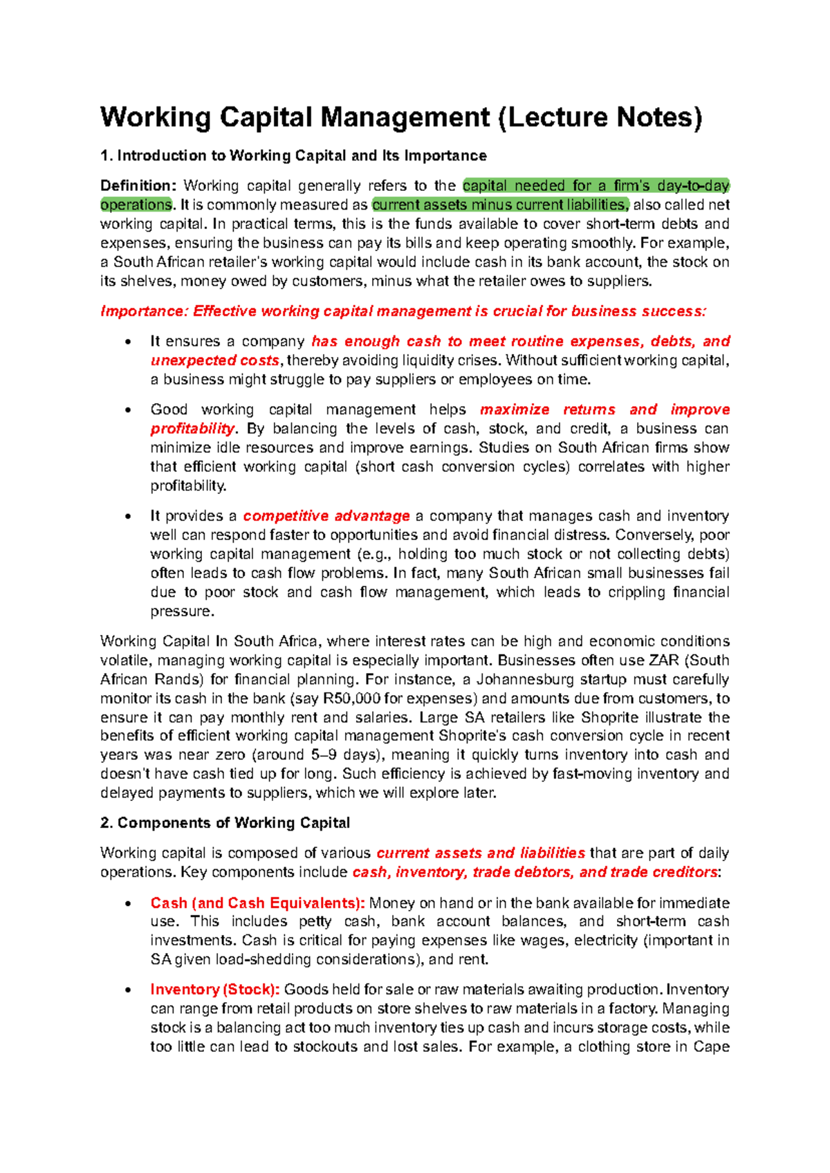 Working Capital Management (Lecture Notes) - Key Concepts and ...