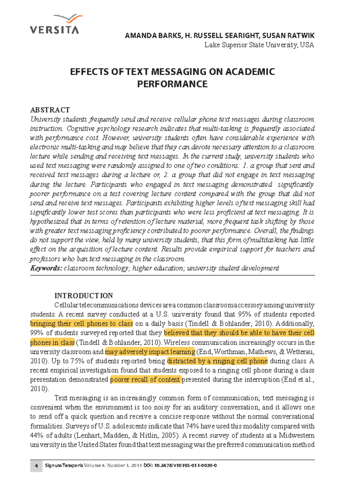 Paper 3 Article - Effects of Text Messaging on Academic Performance - 4 ...