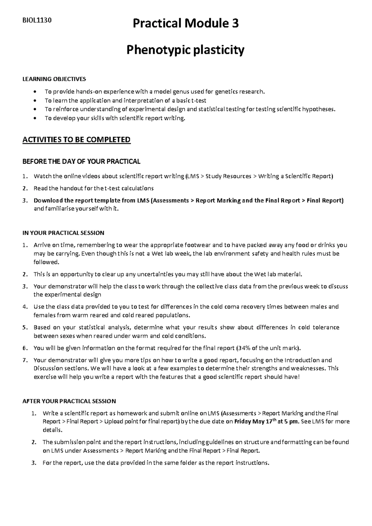 2024 BIOL WL3 Practical Lab Notes: Phenotypic Plasticity Guide - Studocu