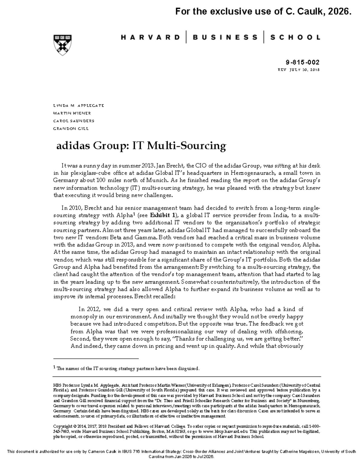 Adidas Group: IT Multisourcing Strategy Case Study (IBUS 716) - Studocu