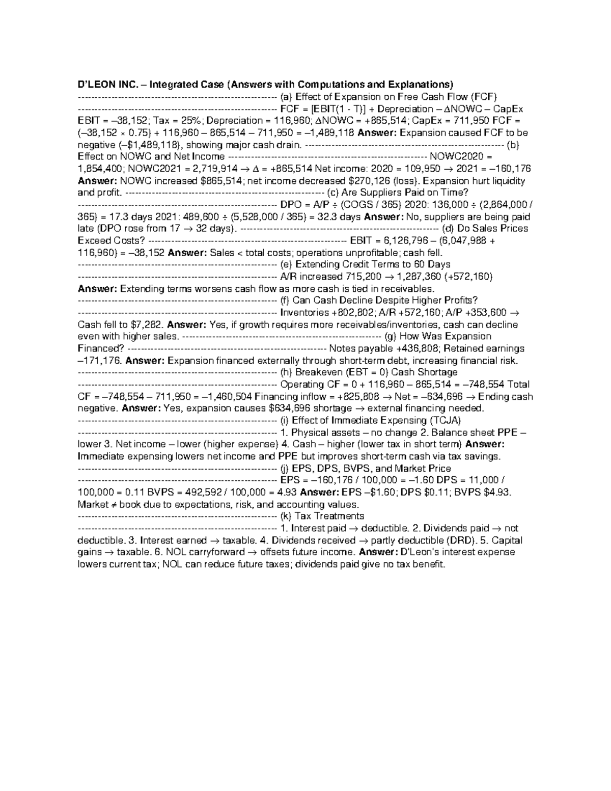 DLeon INC Integrated Case Study Answers & Computations - Studocu