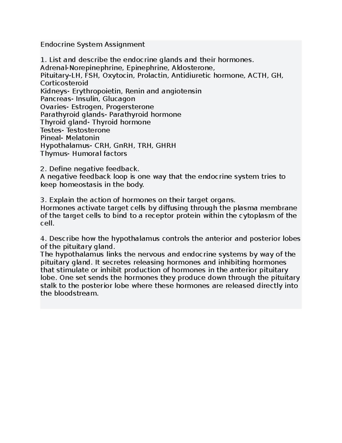 Endocrine System: Glands, Hormones, and Feedback Mechanisms Assignment ...