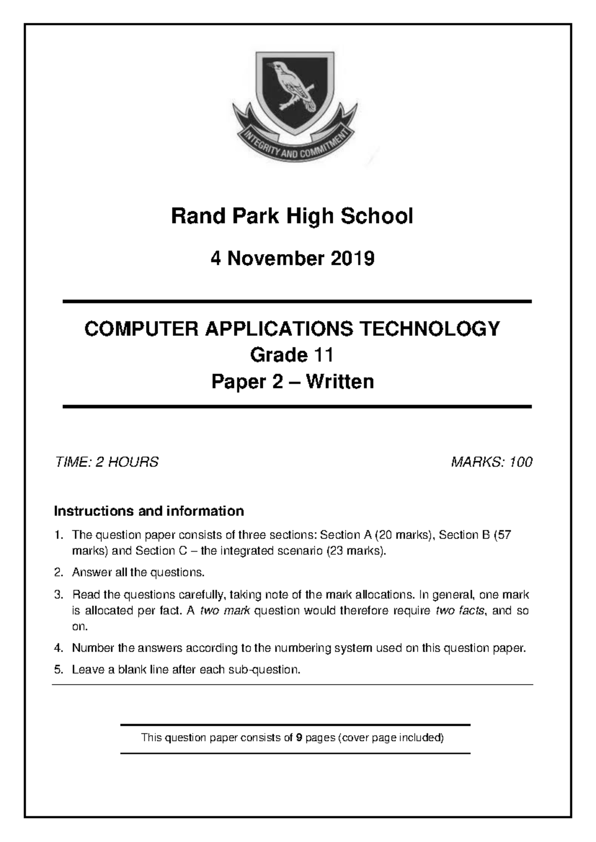 Grade 11 COMPUTER APPLICATIONS TECHNOLOGY Paper 2 Exam - 4 Nov 2019 ...