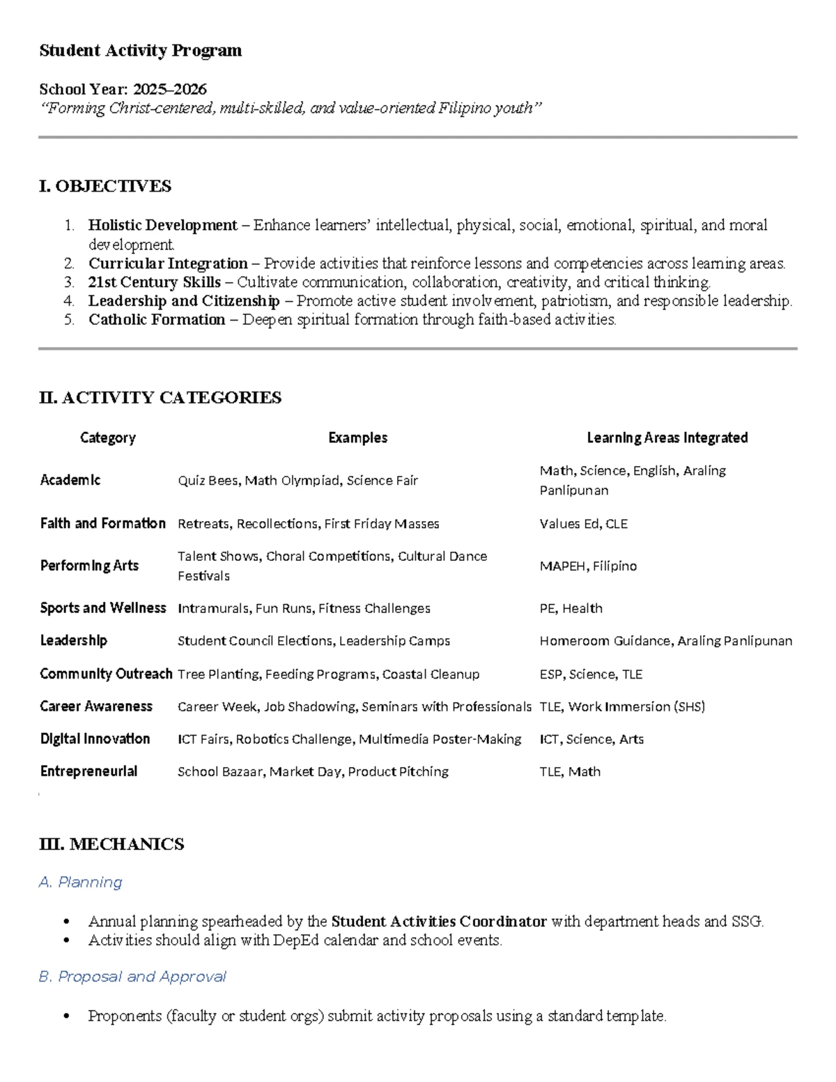 Student Activity Program: Learners Through Values & Skills Integration ...