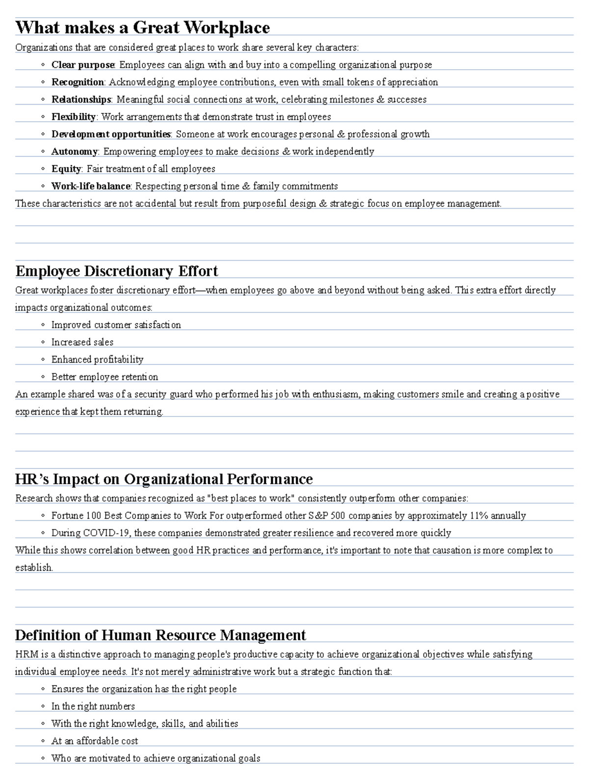 Week 1 note - Week 1's Lecture Note - What makes a Great Workplace ...