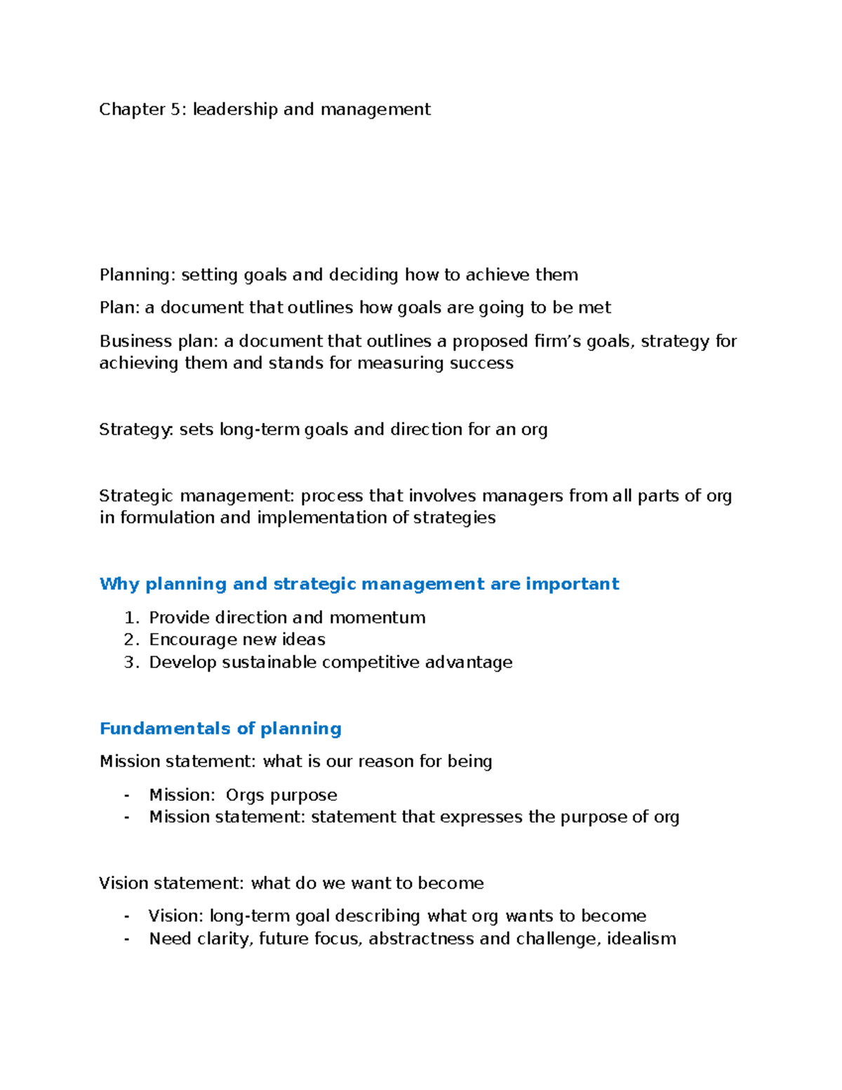 Chapter 5: Leadership and Management Planning Essentials - Studocu