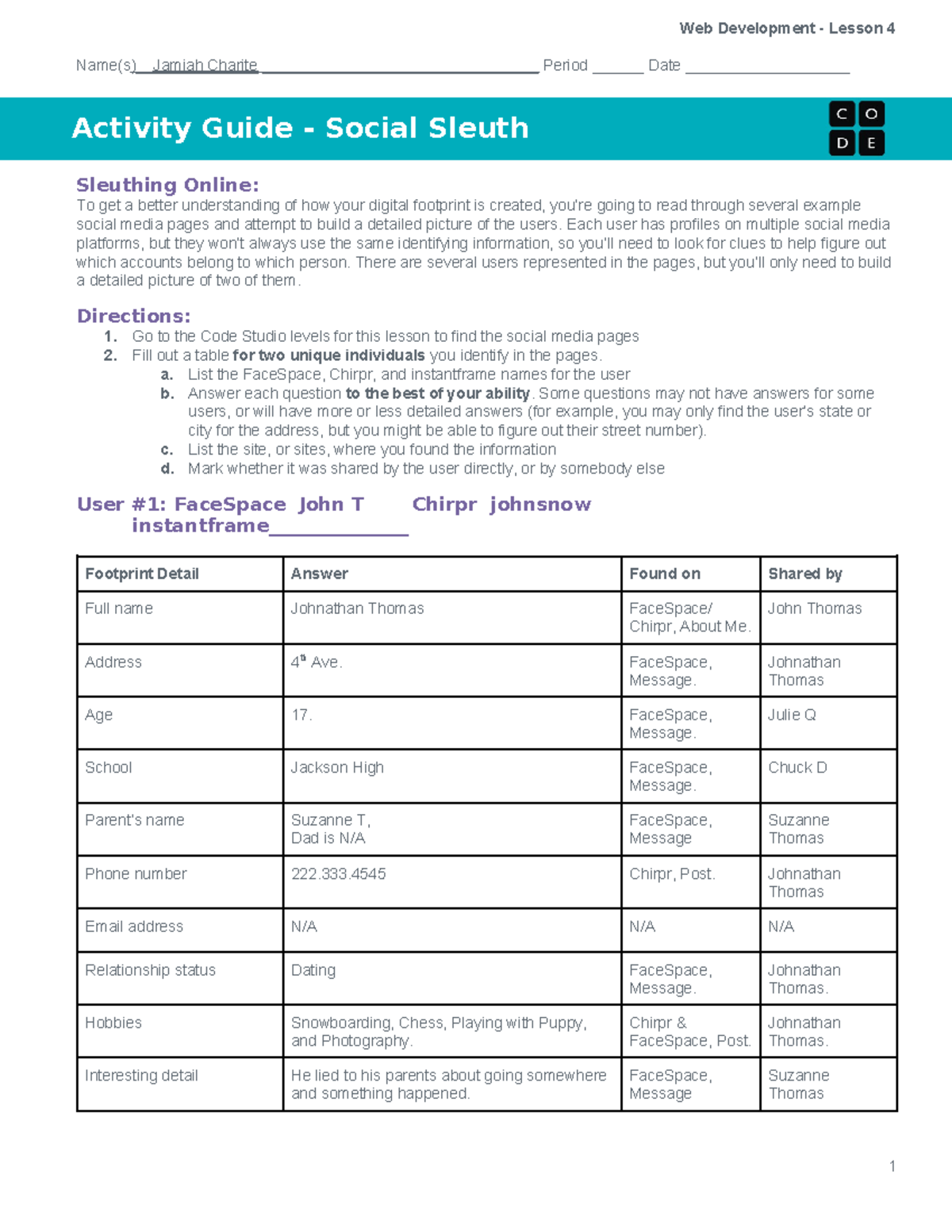 U2L04 - Social Media Sleuthing Activity Guide for Web Dev Class - Studocu