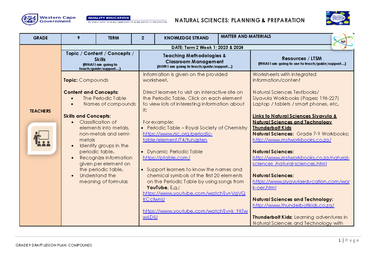 GRADE 9 NATURAL SCIENCES TERM 2 WEEK 1 LESSON PLAN: COMPOUNDS - Studocu