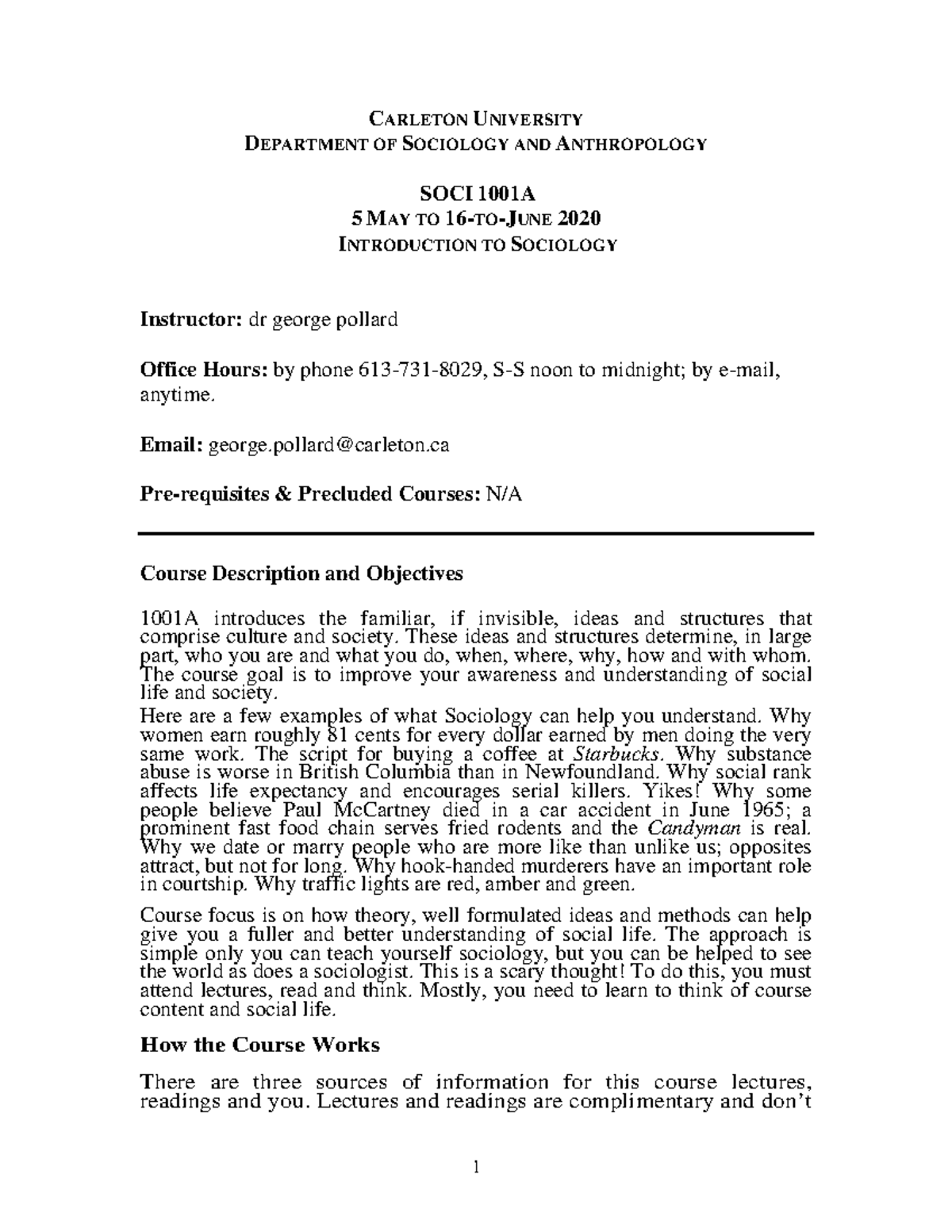 Soci1001 - summer 2020 Syllabus - 1 CARLETON UNIVERSITY DEPARTMENT OF ...