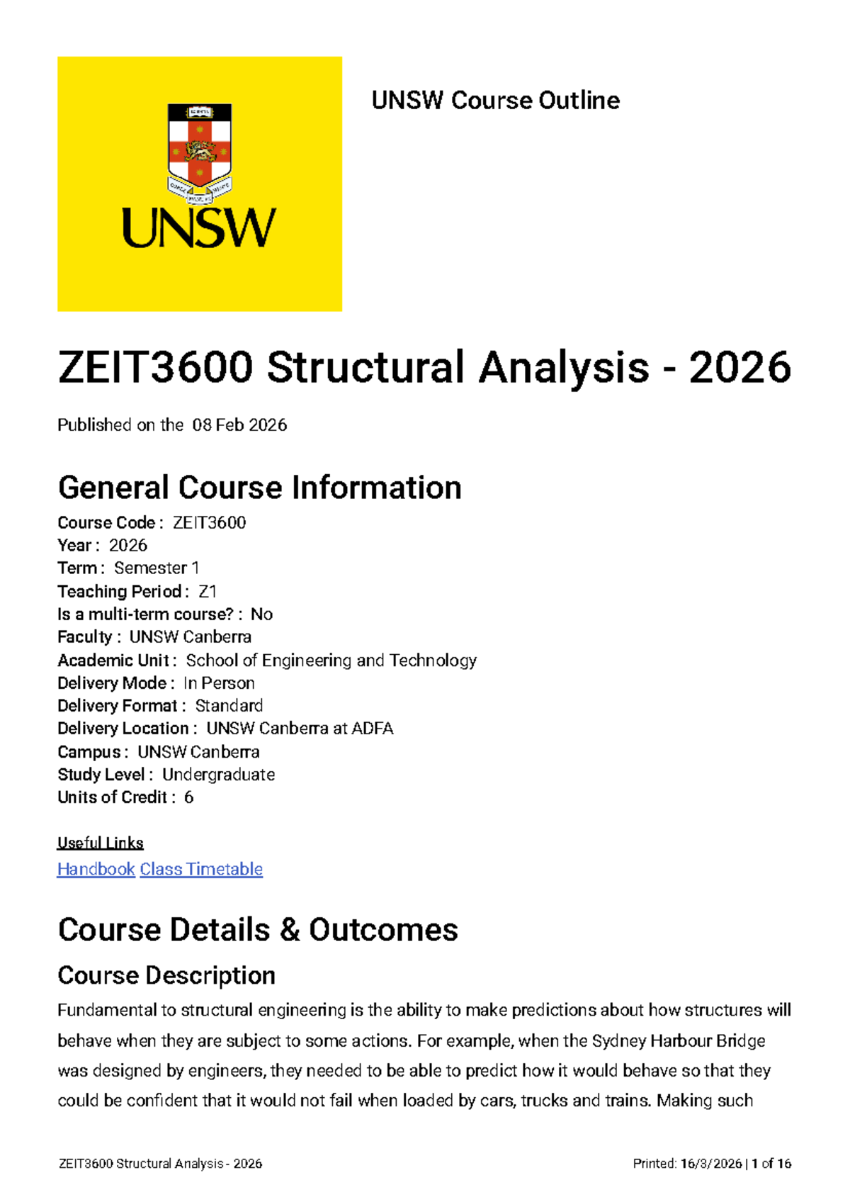 UNSW ZEIT3600 Structural Analysis Course Outline 2026 Semester 1 - Studocu