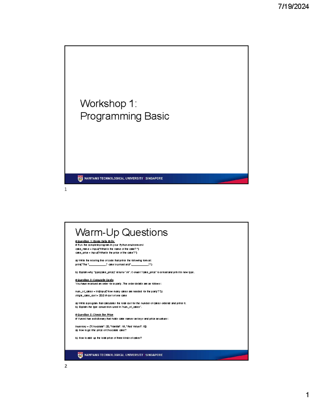 S01 Workshop Notes: Python Basics & Cost Calculation Practice - Studocu