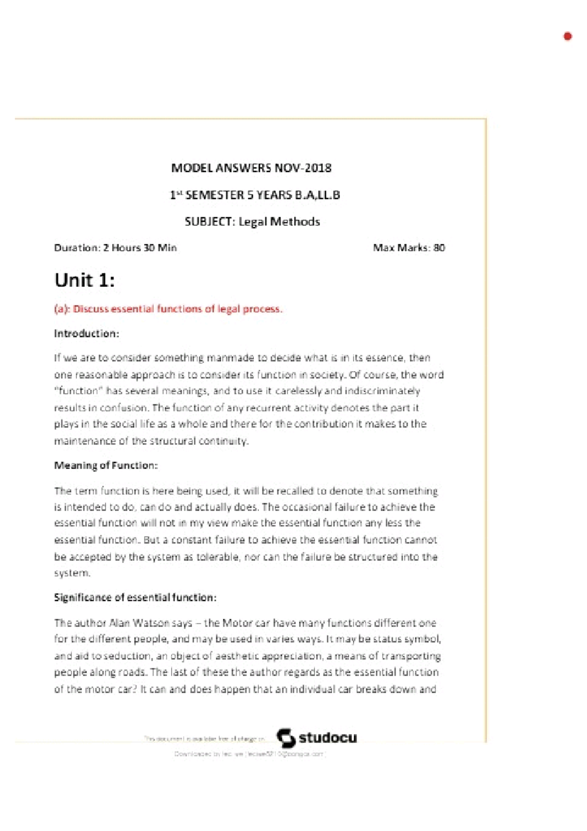 Legal Methods (1st Sem B.A.LL): Model Answers to Key Questions - Studocu