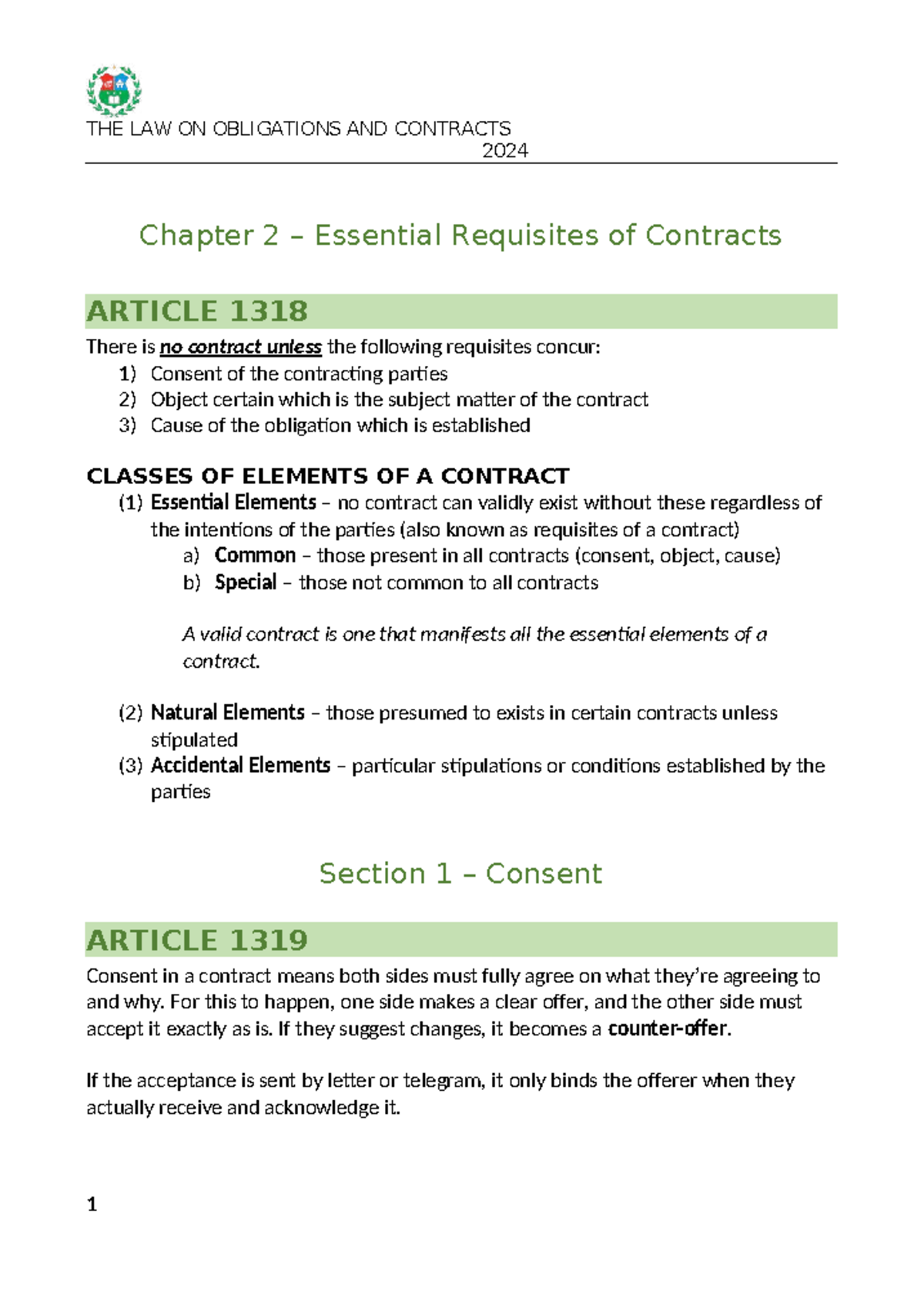 Contracts (2 - S1) - Essential Requisites and Elements Analysis - Studocu