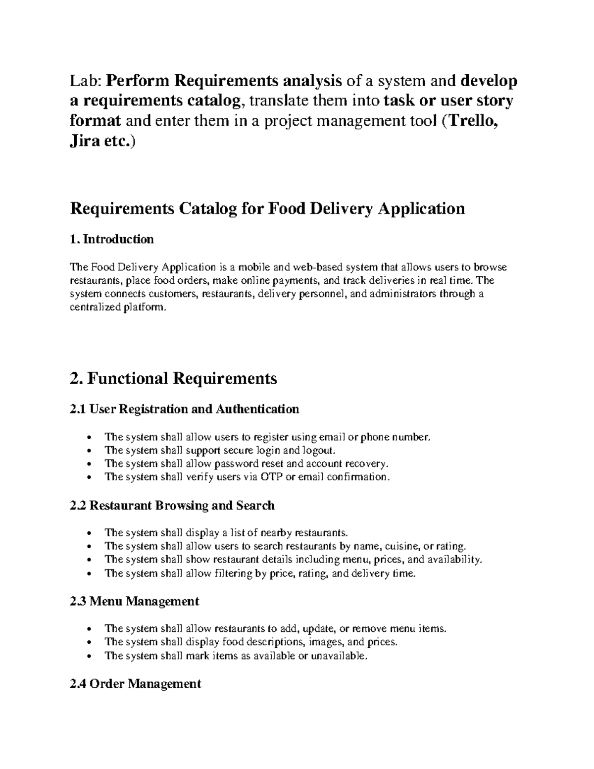 Lab: Requirements Analysis and Catalog Development for Food Delivery ...