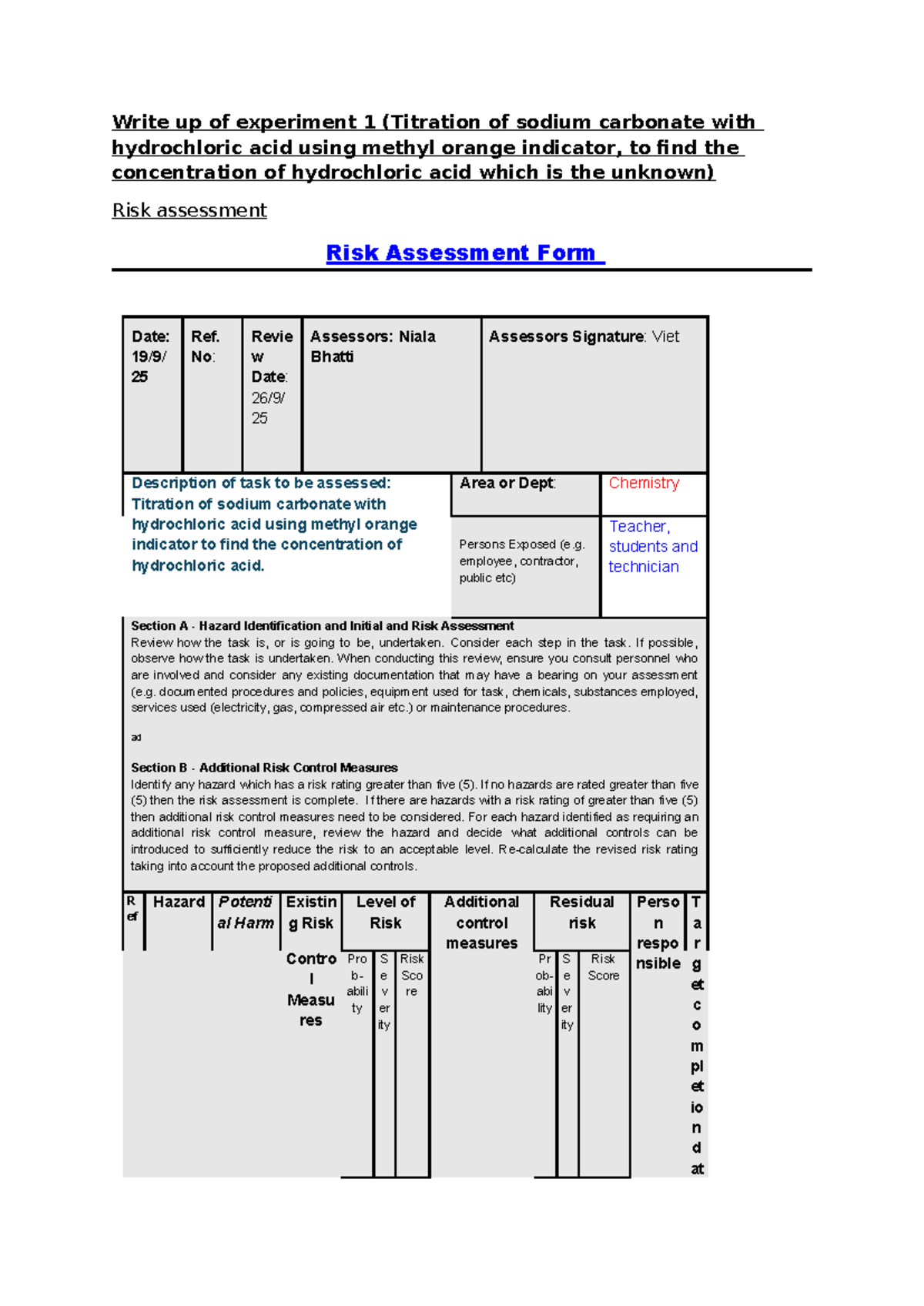 Risk Assessment for Titration Experiment (CHEM 2A) - Studocu