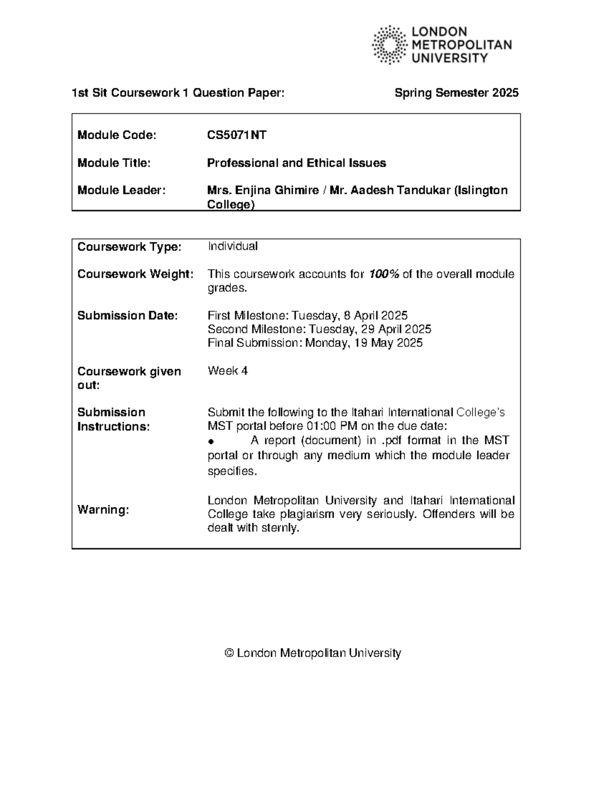 CS5071NT - Professional and Ethical Issues Coursework 1 Question Paper ...
