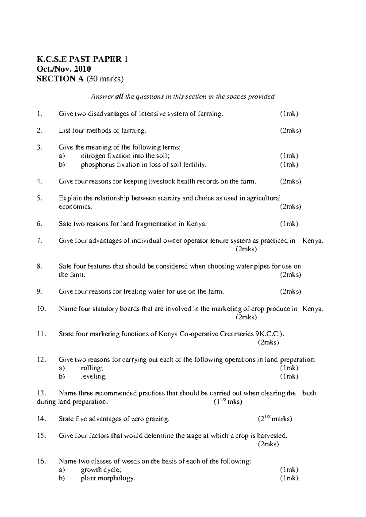 2010-2011 Agriculture Questions - K.C.S PAST PAPER 1 Oct./Nov. 2010 ...