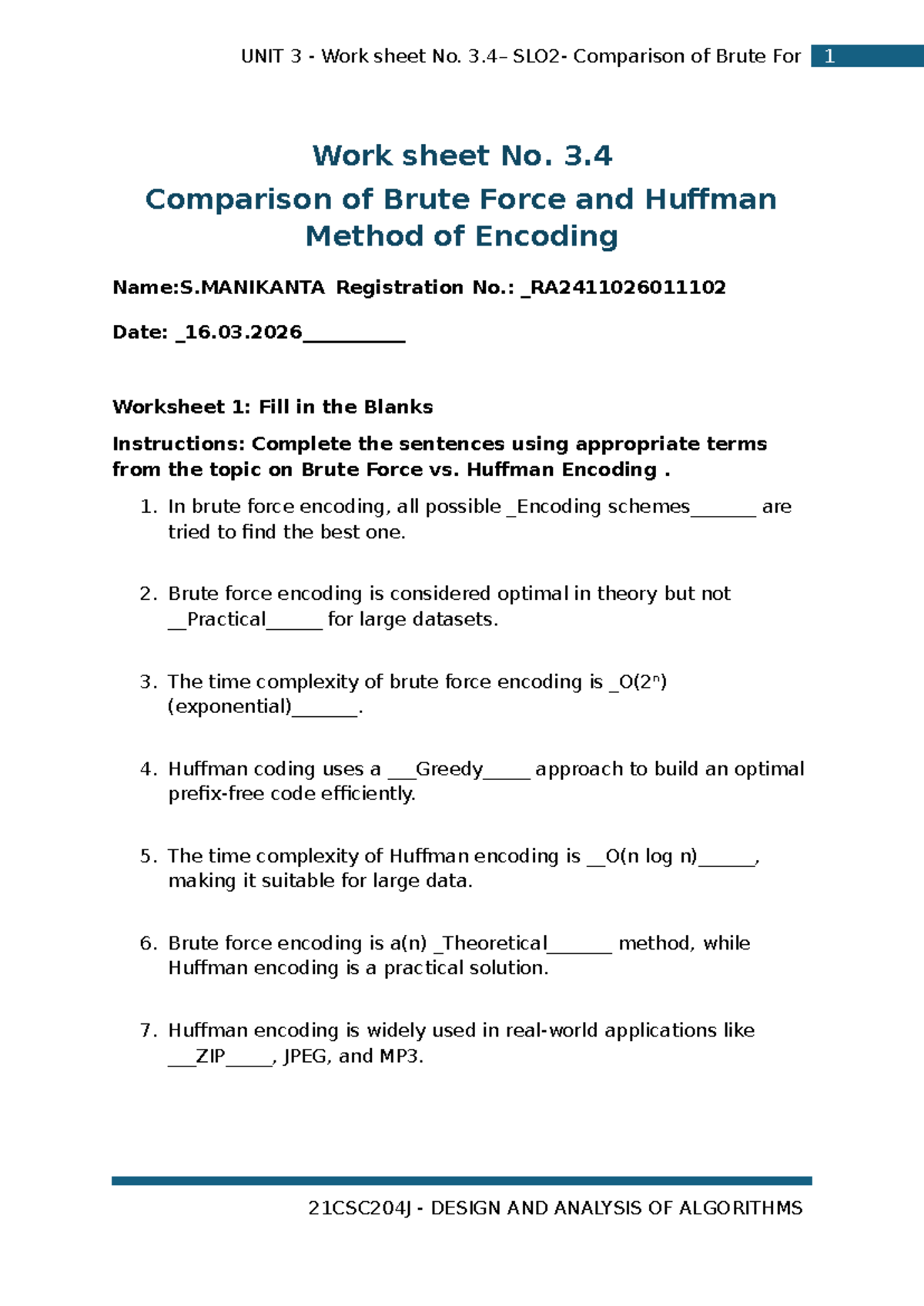 21CSC204J Unit 3 Worksheet: Brute Force vs. Huffman Encoding - Studocu