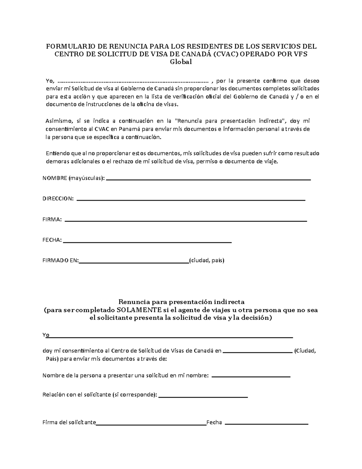Spanish Waiver form - panama - FORMULARIO DE RENUNCIA PARA LOS ...