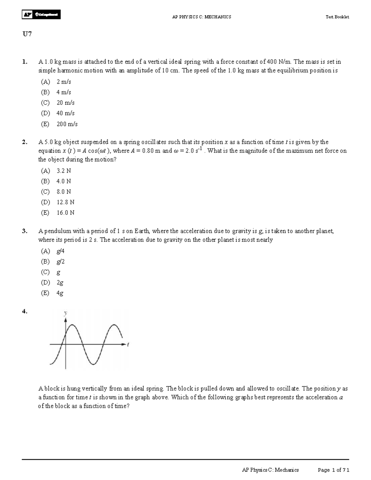 AP PHYSICS C: MECHANICS U7 Practice MCQ Test Booklet - Studocu
