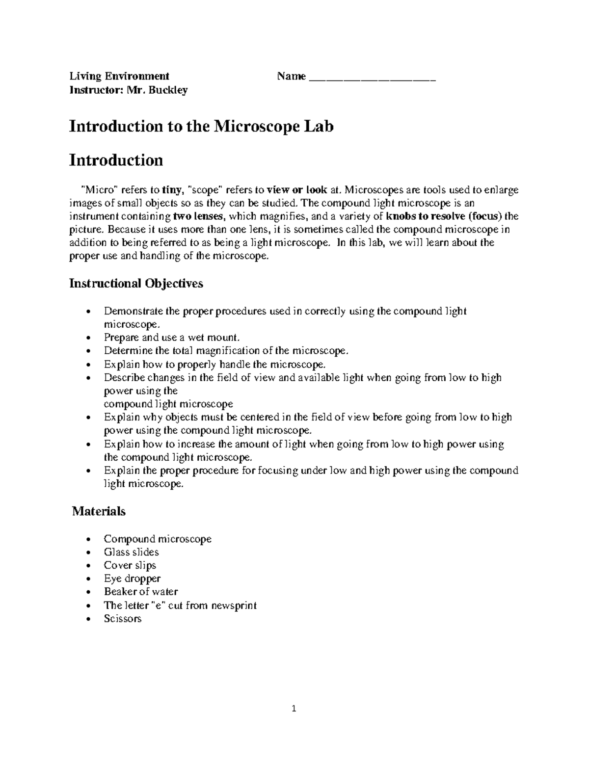 Introduction to the Microscope Lab (Bio 101) - Studocu