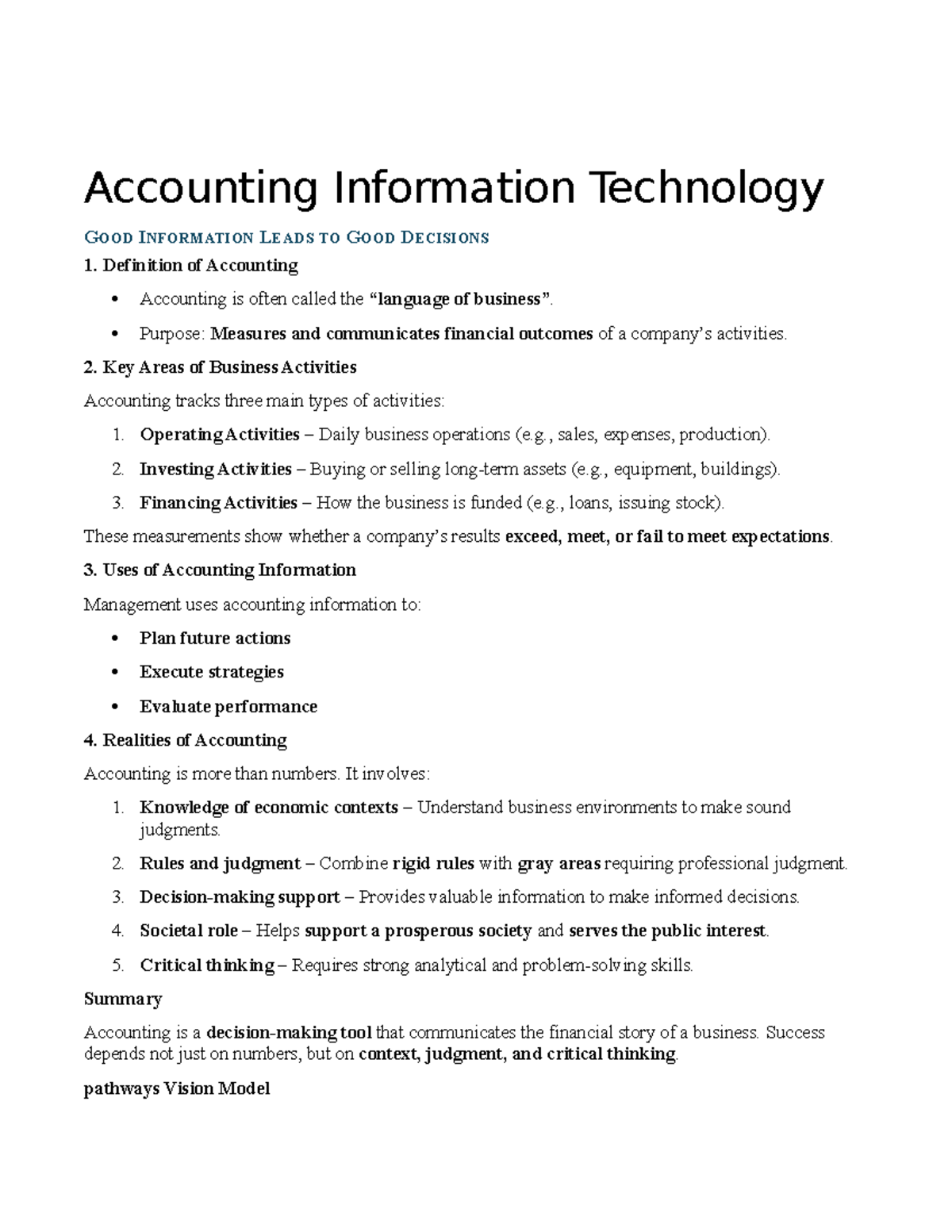 Accounting Information Technology: Chapter 1 Notes on AIS and Decision ...