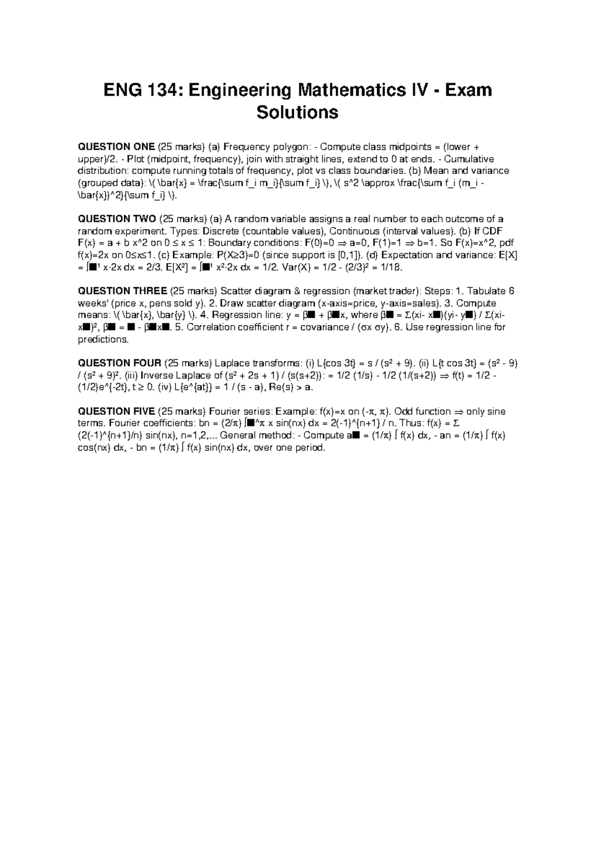 ENG 134: Engineering Mathematics IV Exam Solutions Overview - Studocu