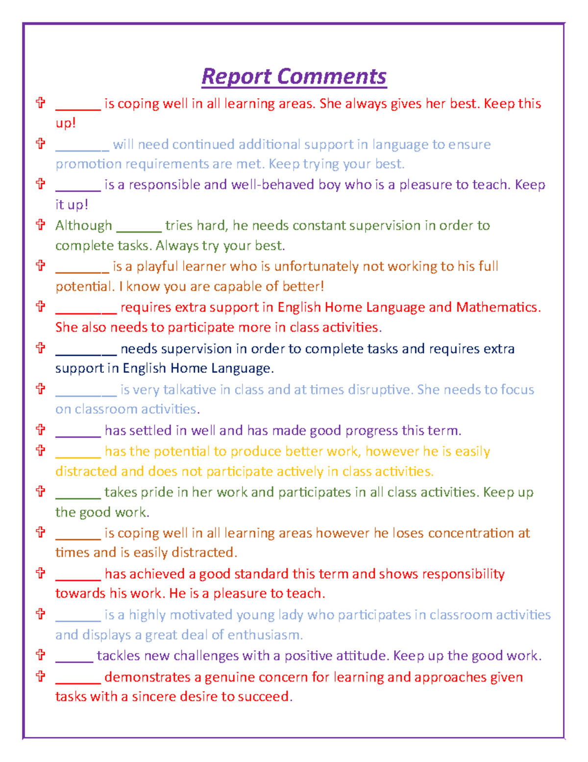 ALL Report Comments - Student Performance and Progress Notes - Studocu