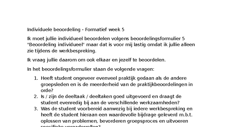Individuele Beoordeling Formatief Week 5: Groepsreflectie en ...