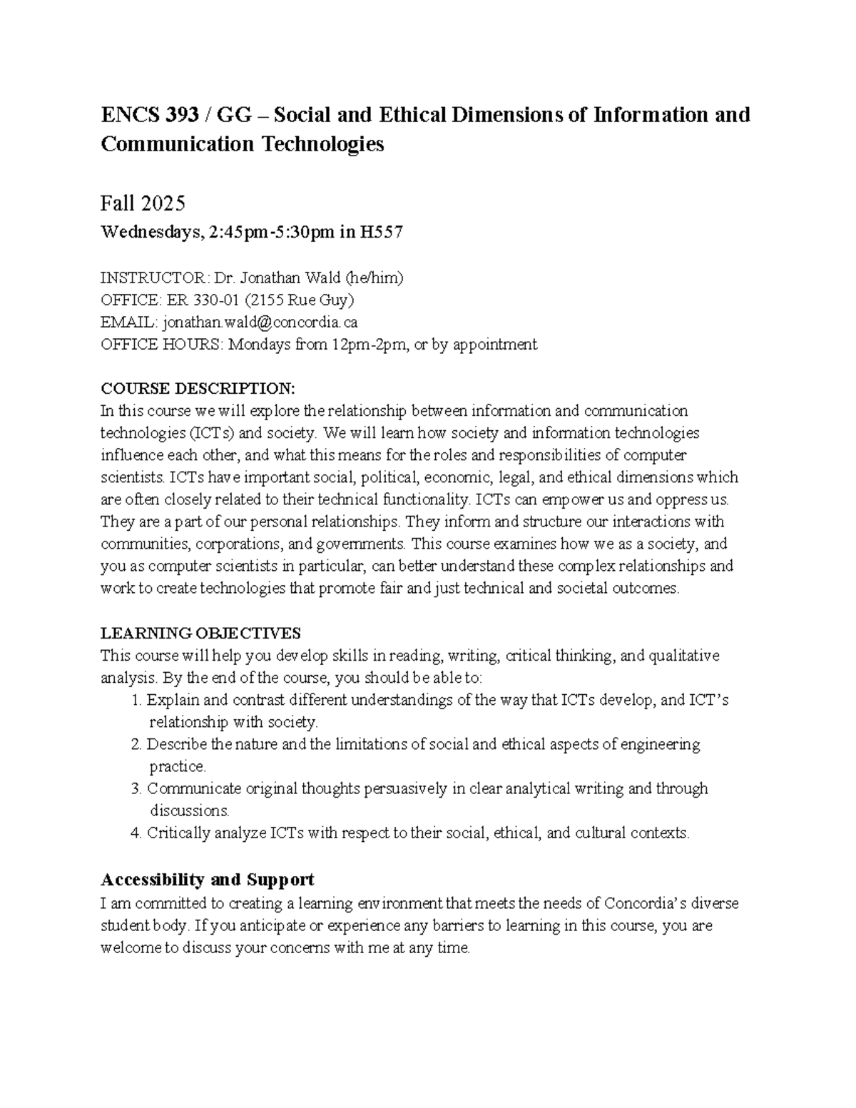 ENCS 393 F25 - Social and Ethical Dimensions of ICTs: Course Overview ...