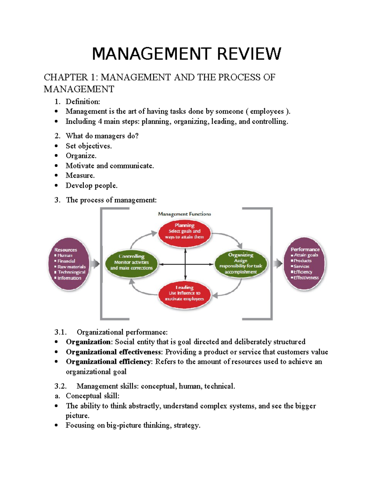 MANAGEMENT REVIEW CHAPTER 1: UNDERSTANDING MANAGEMENT PROCESSES - Studocu