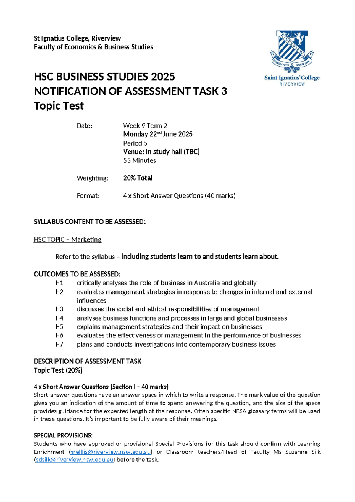 HSC Business Studies 2025 Assessment Task 3 Notification - Studocu