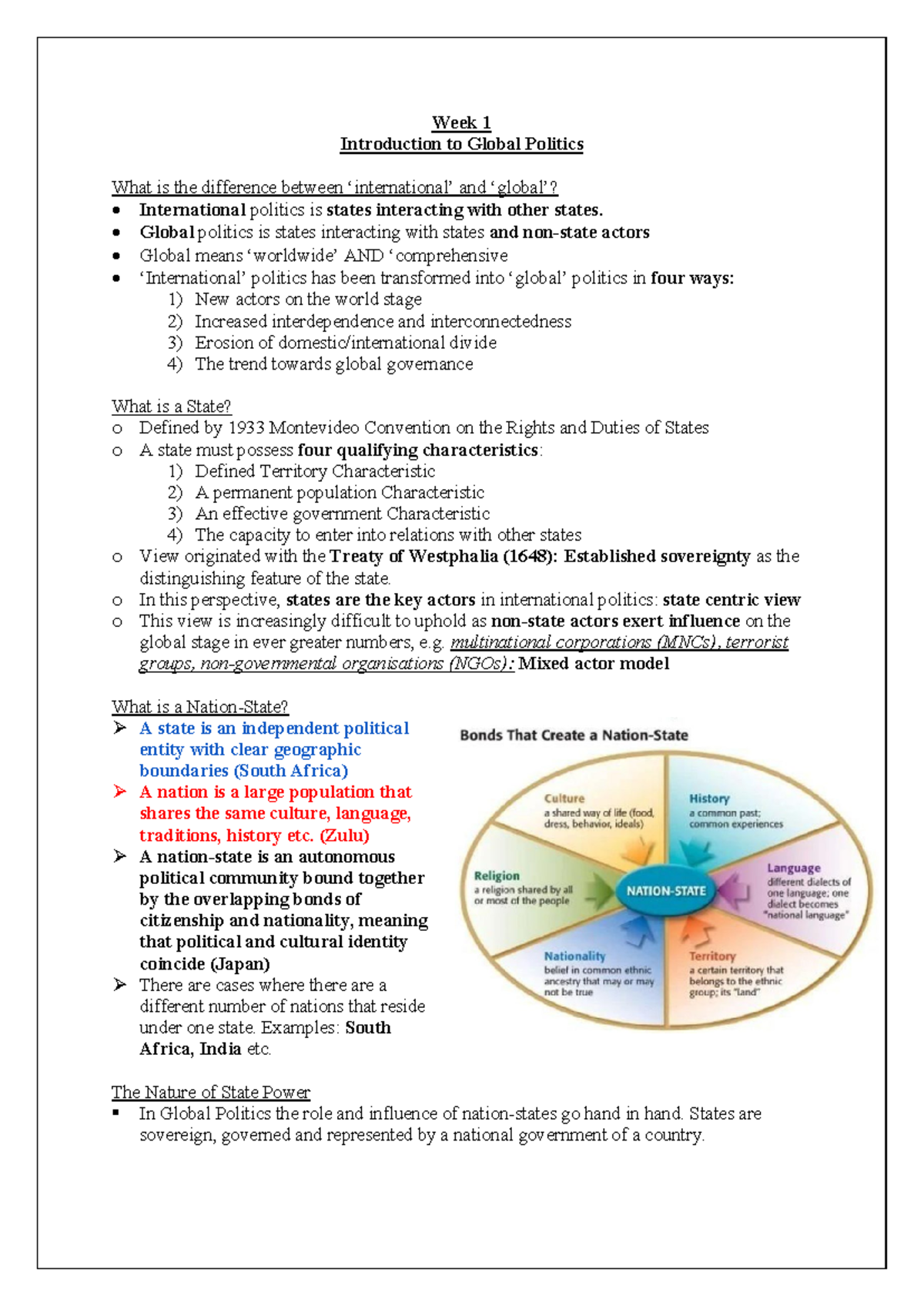 Summary Notes for Global Politics (Weeks 1-3) - Intro to Key Concepts ...