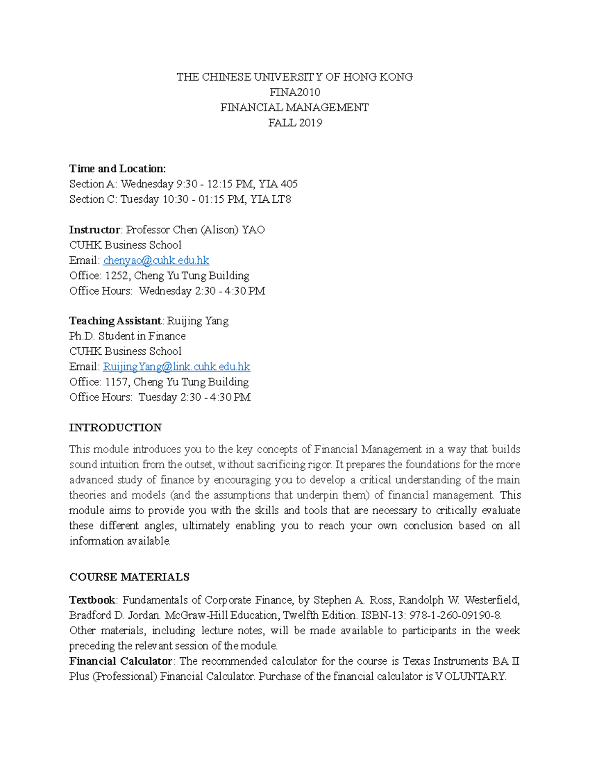 FINA2010 Syllabus 2019: Financial Management Course Details - Studocu