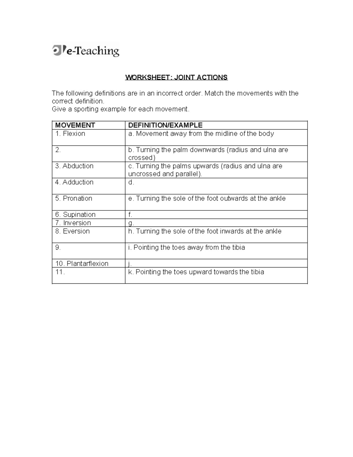 Worksheet: Joint Actions Definitions and Examples - Studocu