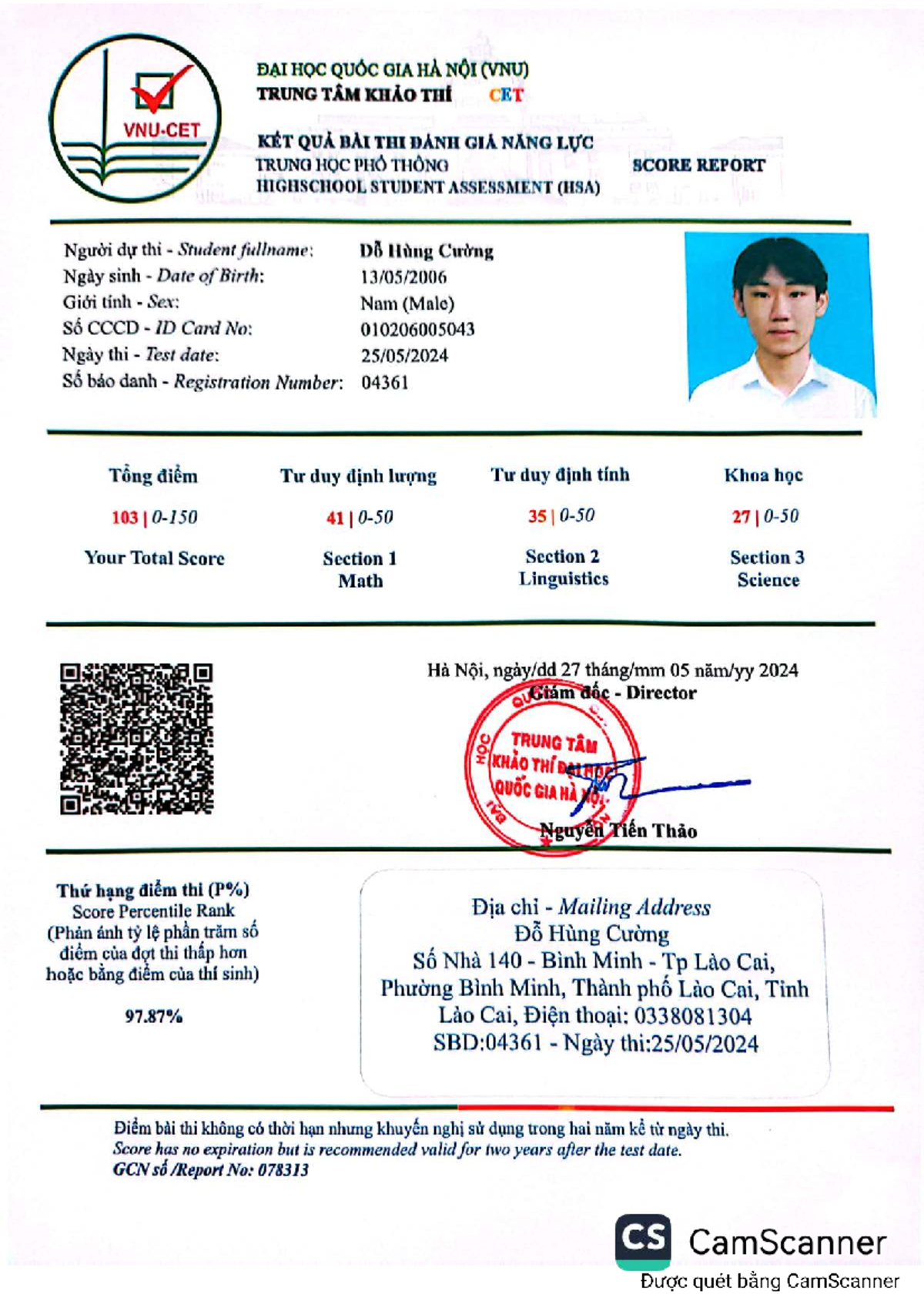 HSA Score Report for Dô Hung Cuong - VNU-CET Assessment 2024 - Studocu